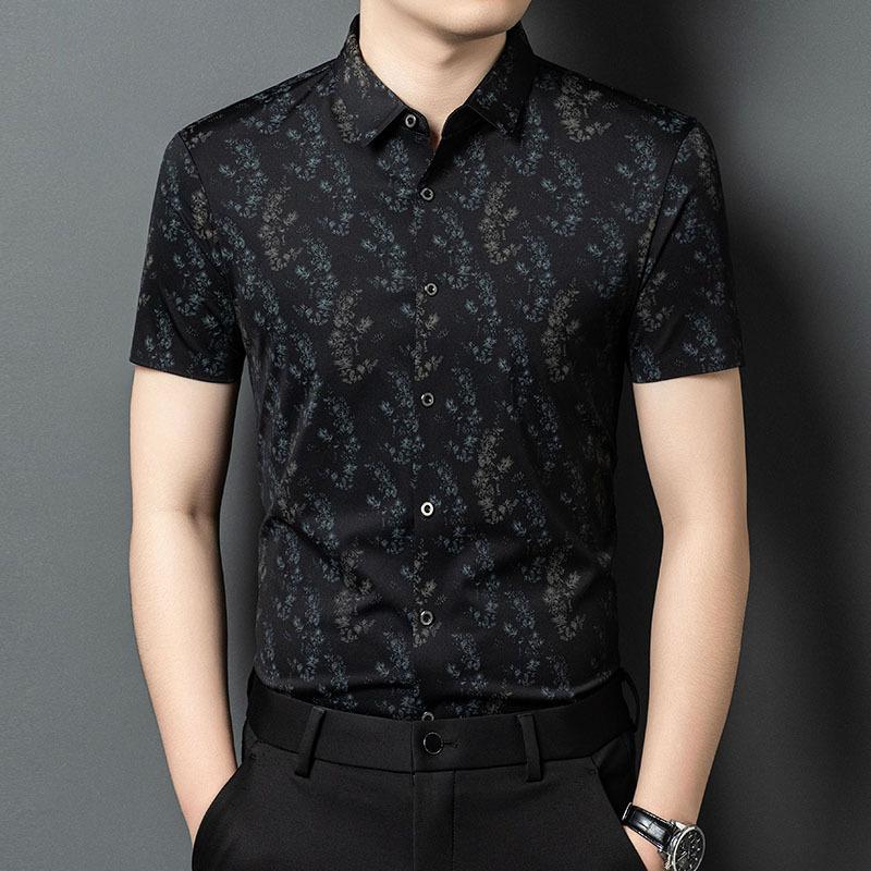 Summer Short Sleeve Shirt Printed Business Casual Wrinkle-Resistant Slim Fit Men's