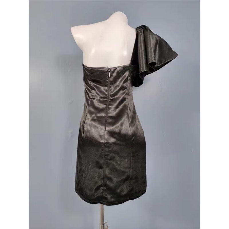 Export Single L Home U Shoulder Diagonal Collar Puff Sleeves Smooth Fabric Short Short Sheath Beautiful Casual Dress