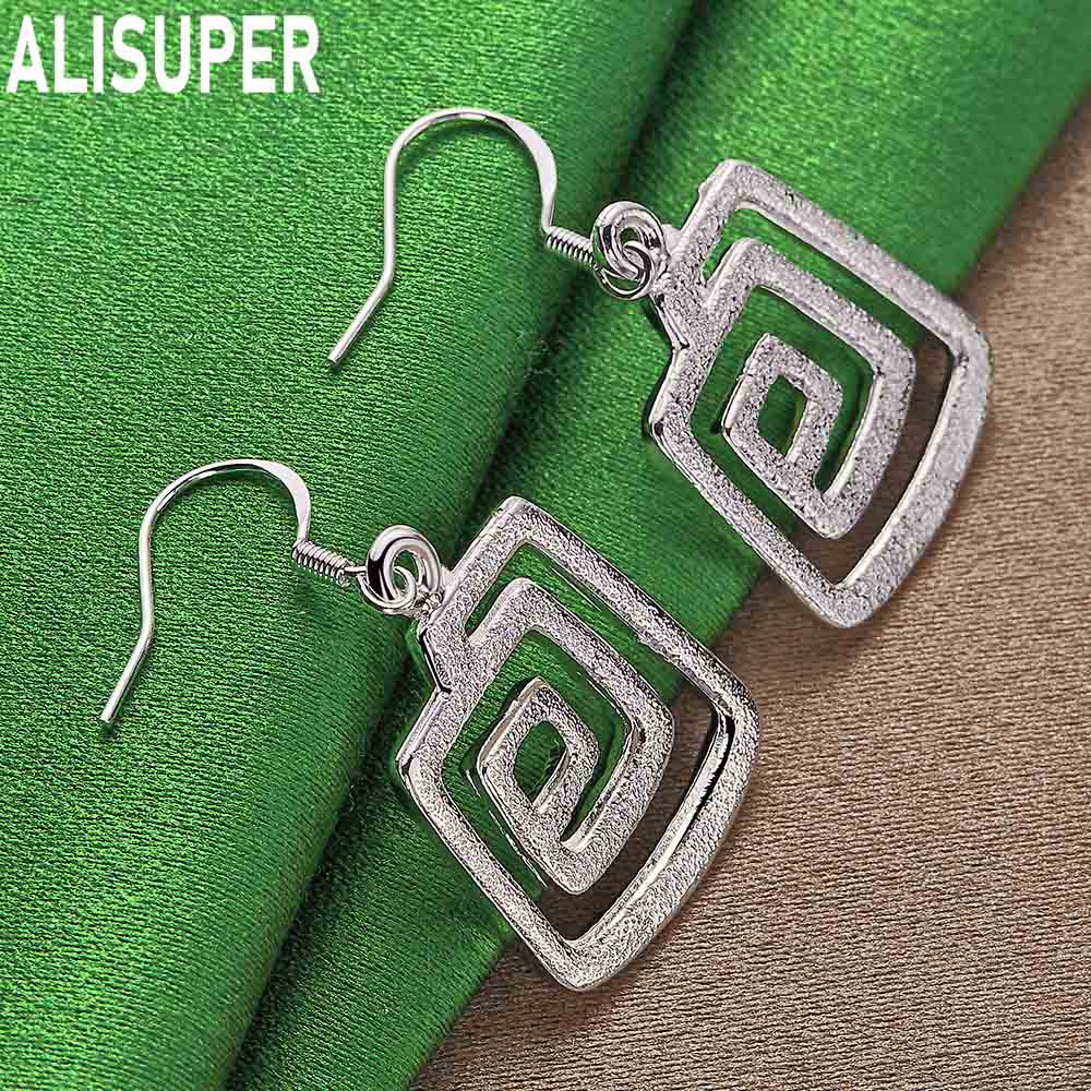 925 Sterling Silver Square Metal Wire Pendant with Piercing Earrings Fashion Charm Wedding Jewelry