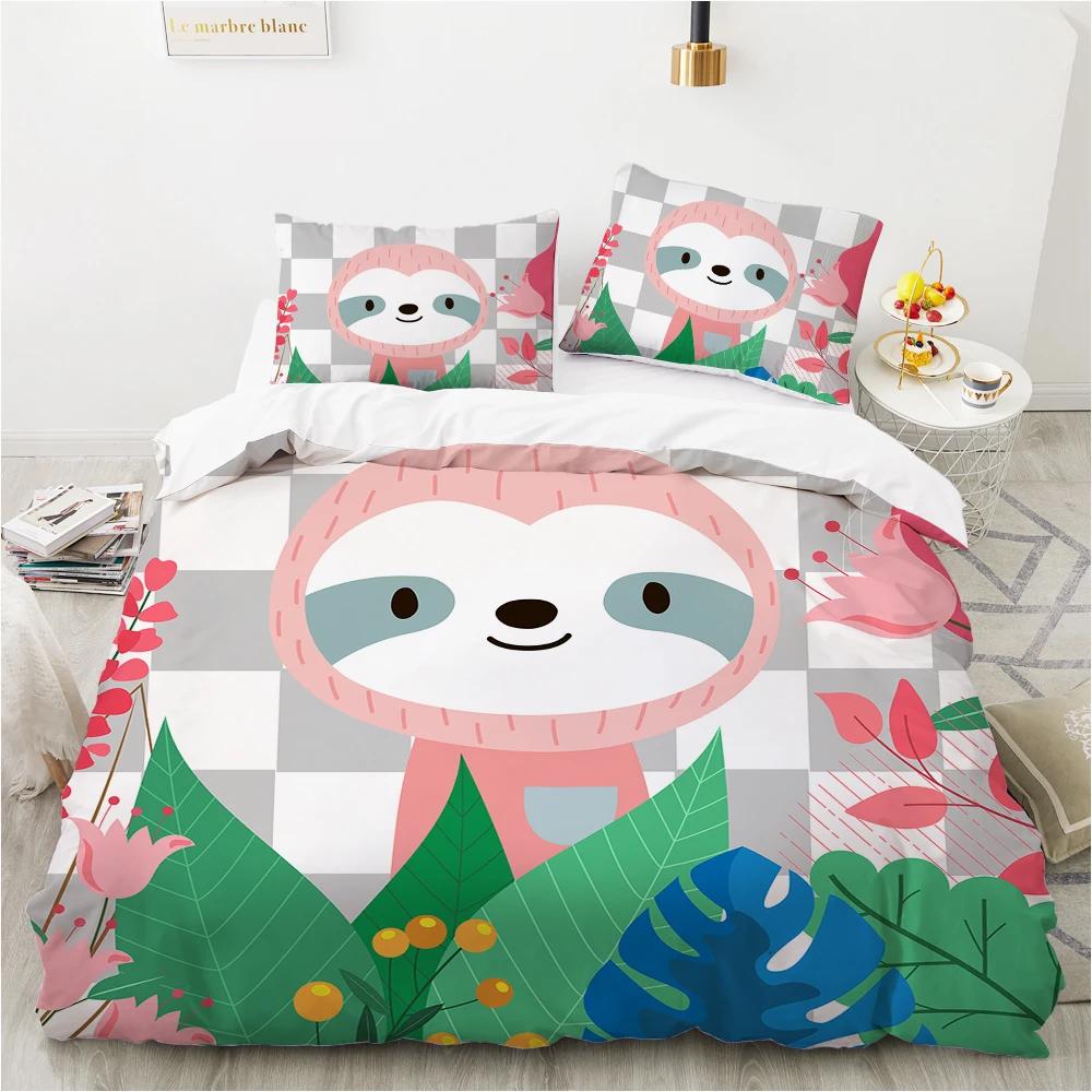 

Cartoon Sloth King Queen Duvet Red Lovely Animal Print Quilt Cover Bedding Set For Kids Boys Girls Flowers Leaves Quilt Cover 70x133cm 2pcs