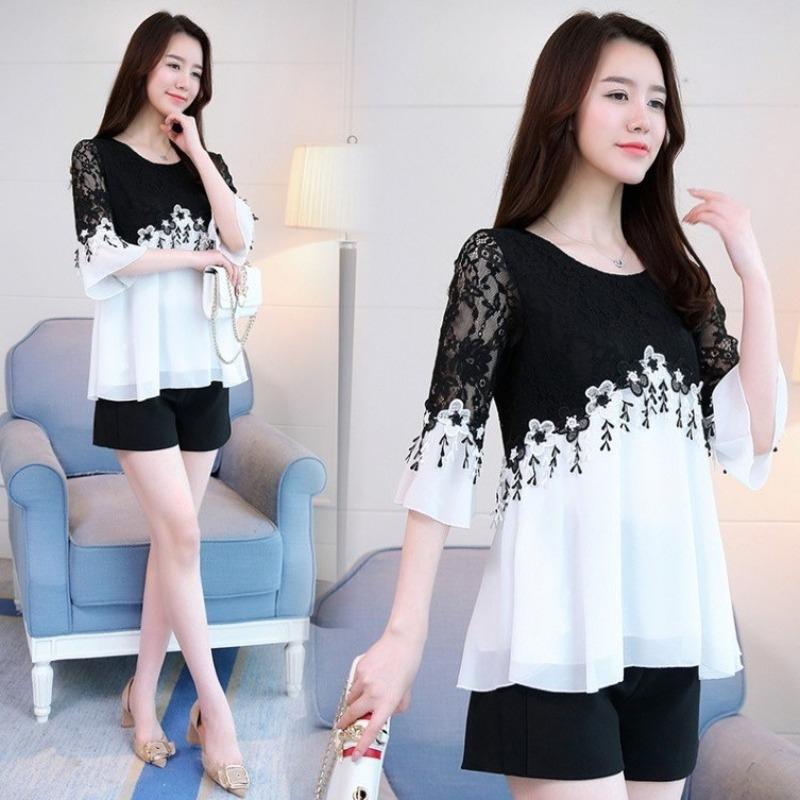 

Весна лето корейская женская одежда больших размеров утягивающая кружевная лоскутная шифоновая рубашка fat mm расклешенный рукав топ маленькая рубашка 4XL белый