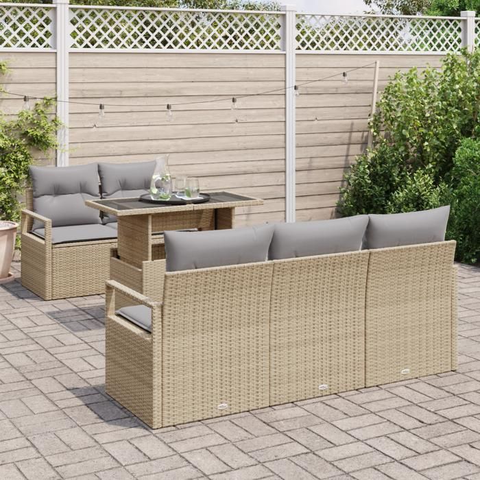 Ensemble de canapé de jardin 6 pièces avec coussins en rotin synthétique beige, Canapé de jardin 2 places avec coussins en 3348736