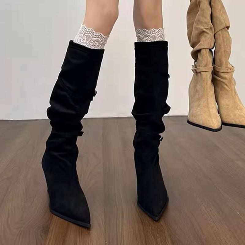 High Heels Women's High Boots Sexy Heeled Pointed Toe Shoes  Fashion Winter Suede Chelsea Boots Pumps New Mujer De Botas