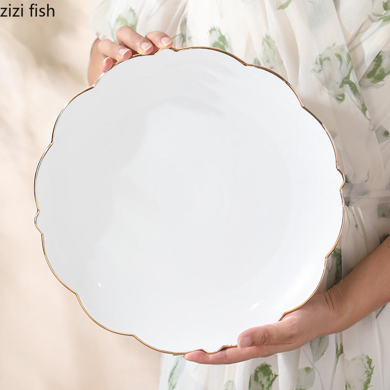 Golden Edged Ceramic Steak Plate Dining Plates Pasta Dish Dessert Bowl Sashimi Plate Fruit Bowl Serving Plates Dim Sum Dish Tray