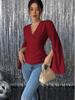 2025 Autumn Elegant Cross-Neck Long-Sleeve Pleated Top with Split Flare Sleeves.