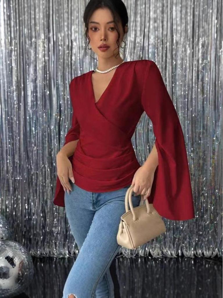 2025 Autumn Elegant Cross-Neck Long-Sleeve Pleated Top with Split Flare Sleeves.