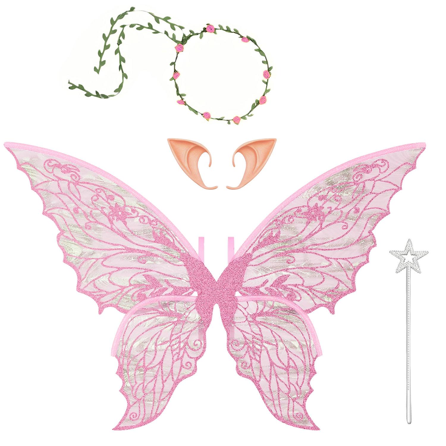 

Fairy Wings for Adults & Girls, Fairy Costume Kit with Flower Garland, Sparkle Hair Tinsel, Magic Wand and Elf Ears розовый