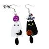Asymmetrical Pumpkin Bat Jewelry 1 Pair Acrylic Halloween Earrings, Black White Ghost Drop Dangle Earrings with Cat Witch Hat Pumpkin, Gothic