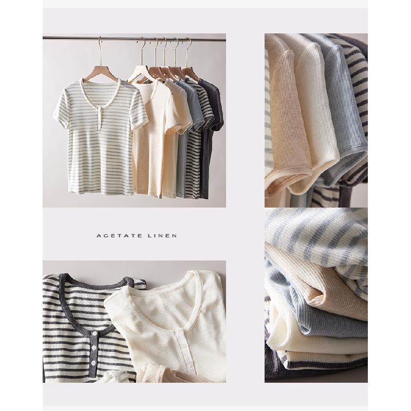 Summer Tencel Acetate Linen Short-Sleeve Women's New Knitted Slim-Fit Top
