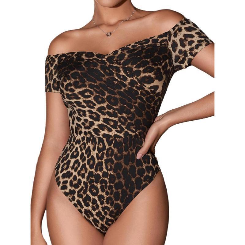 Women's Leopard Print Short Sleeve Tight-Fit Bodysuit