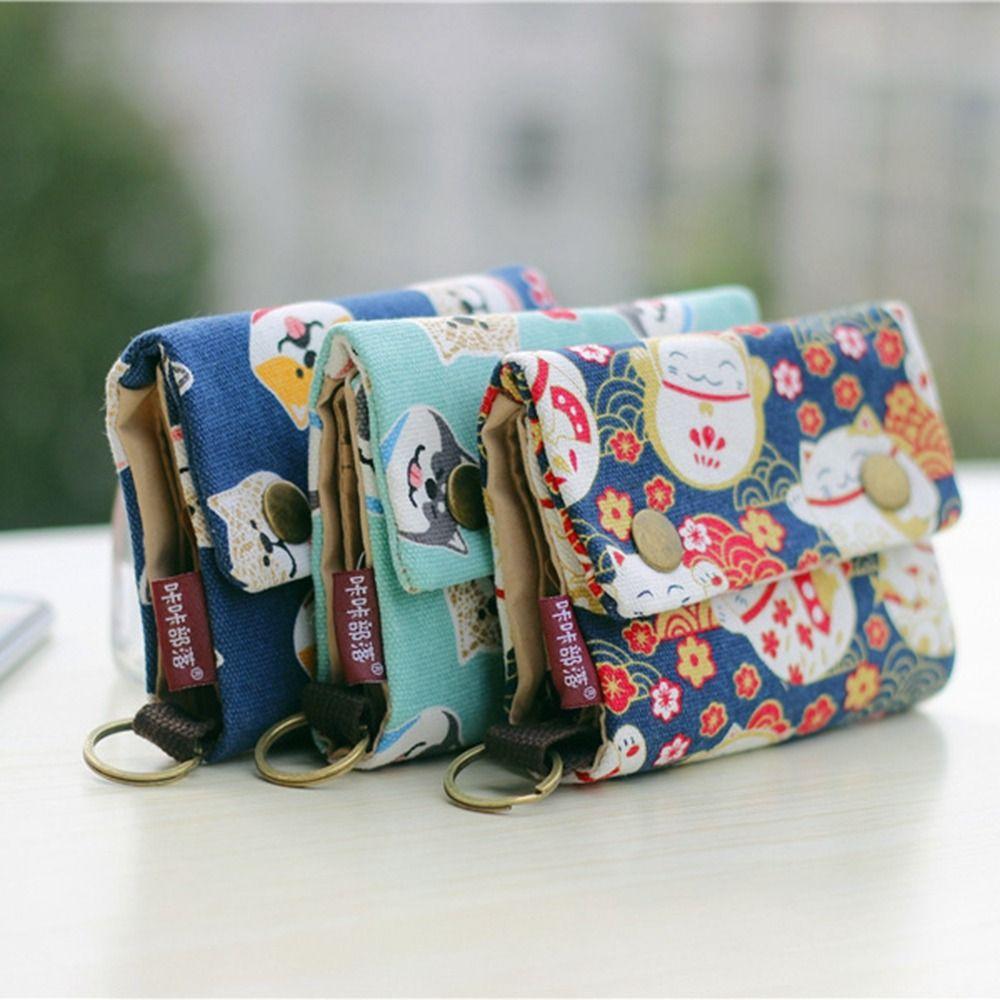 Print Maneki Neko Wallet Portable Zipper Short Wallet Multifunctional Canvas Coin Purse  Women