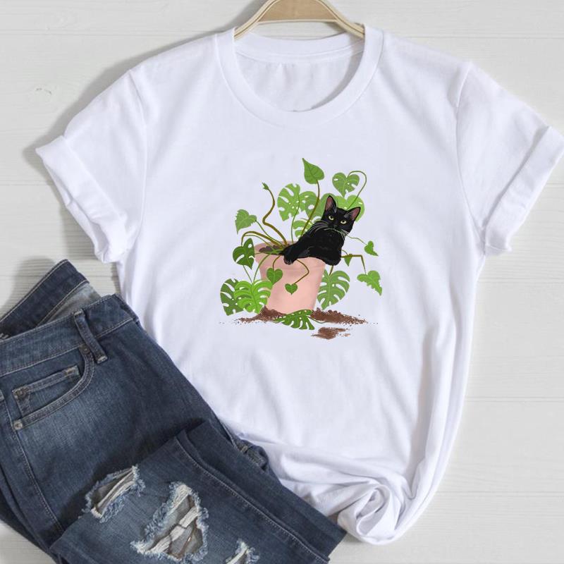 (European Size)Dog Cat Tee Top Fashion T Shirt Casual Paw Watercolor Floral Funny Women Clothing Print Lady Female Short Sleeve Graphic T-shirt