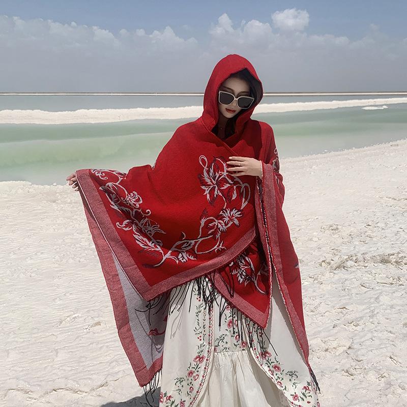 Осенне-зимняя шаль женская имитация кашемира теплая в богемном этническом стиле кисточка — фото 27