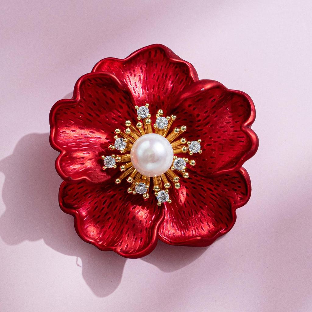 Bo Xin Yun Luxury Pearl Red Flower Brooch – High-End Fashion Corsage Pin