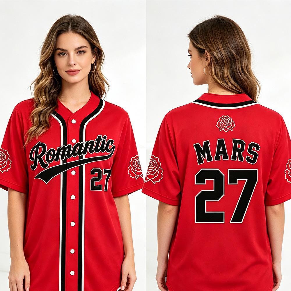 Bruno Mars The Romantic Tour 2027 Baseball Jersey Music Fans Collection Apparel Unisex Loose Streetwear Short Sleeve Sportswear