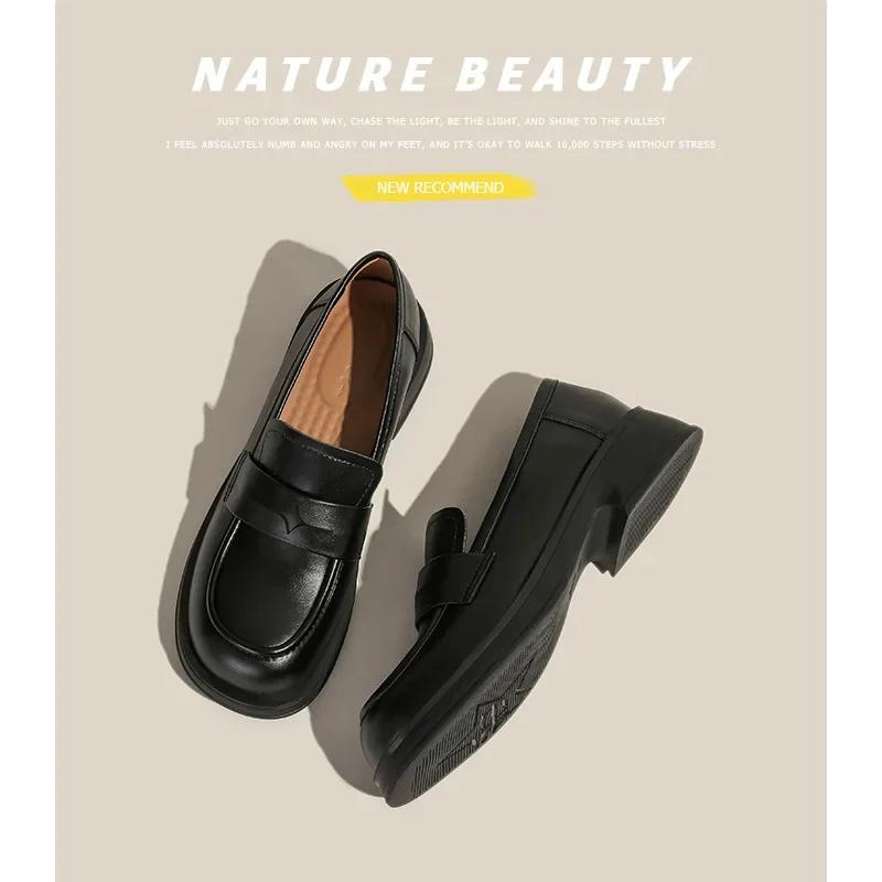 Fashion British Style Women's Leather Shoes 2025 New Spring and Autumn Fashion Solid Color Slip-on Low Heels Loafers Ladies Casual Shoes