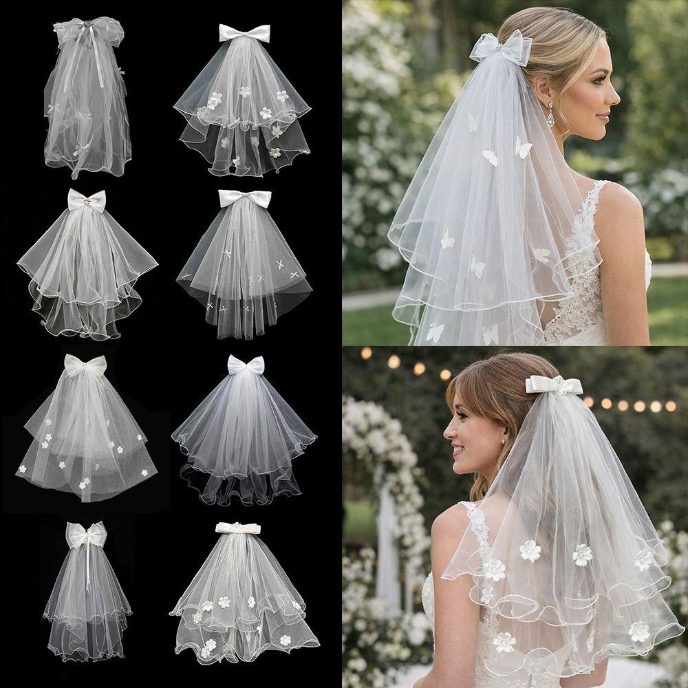 New Double Layer Bridal Veil Lace Edge White Women's Tulle Bow Puffy Photo Veil for Wedding Party