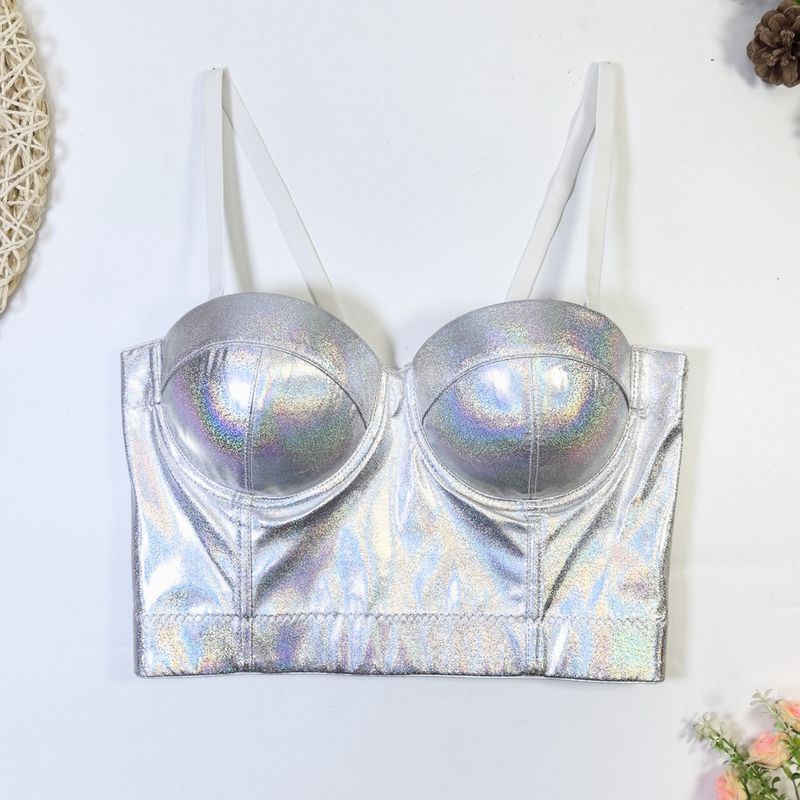 

Европейский и американский сексуальный сексуальный топ-бюстье на косточках, верхняя одежда, нижнее белье, флуоресцентная ПУ кожа, майка на бретелях, прилегающий, радужные полосы, полностью кожаный топ Magic Silver 36B/80