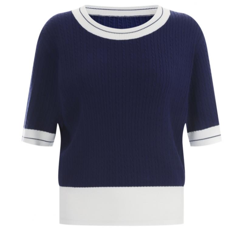 Shop Women Cable Knit Round Color Block Regular Fit Short Sleeve Knit Ivory Fr