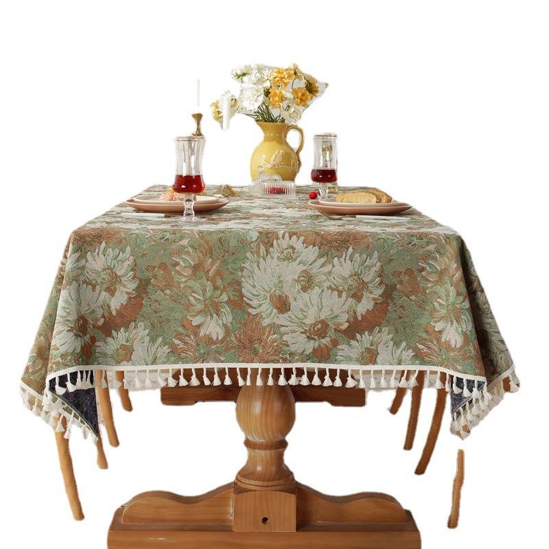 Retro Polyester Cotton Color Woven Jacquard Oil Painting Black Daisy Fringed Tablecloth Rectangular Coffee Table Tablecloth Dining Table Cloth
