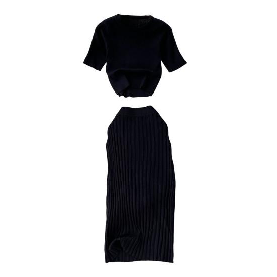 Women's Summer Skirt Set Short Sleeve Crew Neck Crop Top And High Waist Maxi Skirt Set Knitted Two Piece Outfit