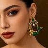 Mermaid Enamel Pearl Drop Earrings Gold Plated Green Crystal Vintage Luxury Statement Party Gift Jewelry Vintalume