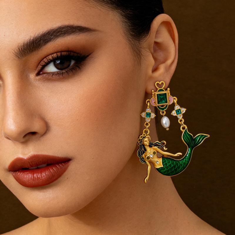 Mermaid Enamel Pearl Drop Earrings Gold Plated Green Crystal Vintage Luxury Statement Party Gift Jewelry Vintalume