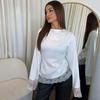 Satin Lace Patchwork Long Shirt Round Neck Slim Belted Blouse Women's Lace-up Tops  Office Ladies