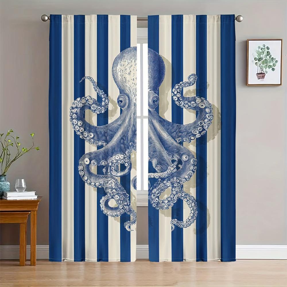 2pc Blue and White Striped Octopus Curtains for Living Room Window Drapes Luxury Nautical Ocean Beach Style Panels 60×150cm