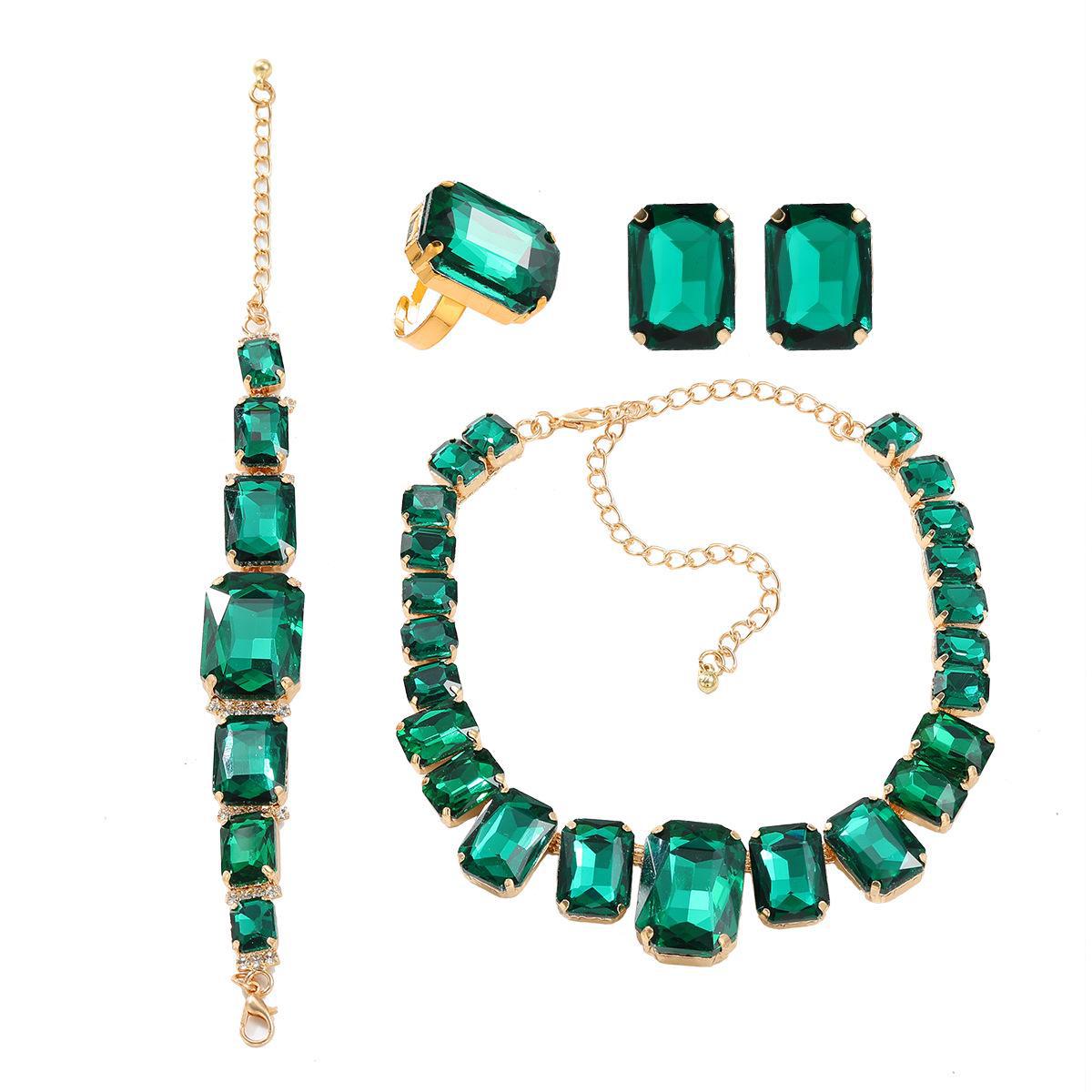 

Перебільшений європейський та американський набір прикрас: Квадратні намиста з кристалами, сережки, браслети - Модні, універсальні аксесуари зелений