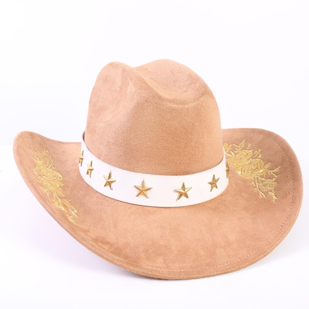 Popular European and American Classic Suede Western Cowboy Hat Men's and Women's Big Brim Embroidered Outdoor Sun Hat