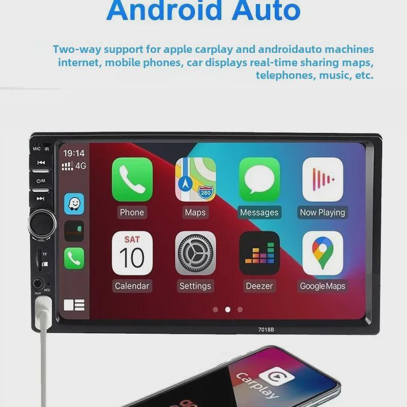 HD Auto MP5 prehrávač s kapacitným dotykovým displejom, CarPlay, Bluetooth hovormi a cúvacou kamerou, Model 7018B