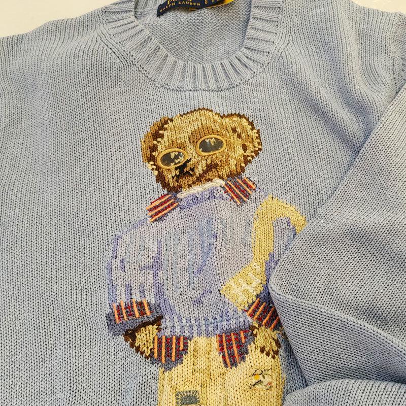 Dámský ležérní modrý svetr s výšivkou vzoru medvídka - Evropský a americký styl kulatý výstřih pulovr