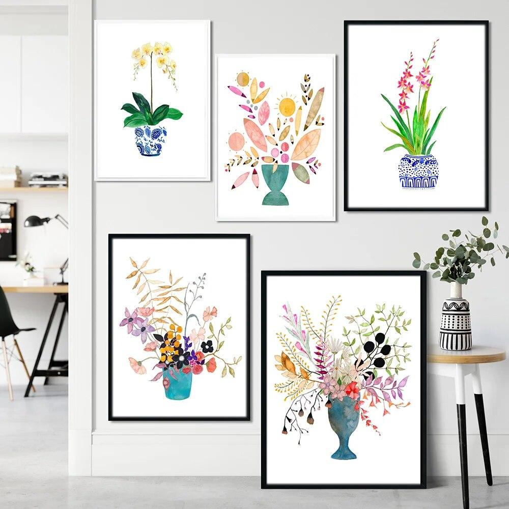 Acuarelă Flori Sălbatice Print Floral Frunză Botanic Verdeață Frunze Artă Pictură pe Pânză Postere Verzi Sălbatice Decor Artă de Perete pentru Casă Fără Ramă