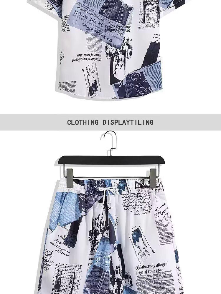Men's Summer Japanese Trend Newspaper Print Shirt & Floral Beach Shorts Set