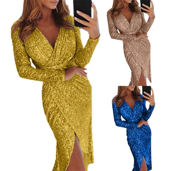 Abend Party Sexy Frauen Pailletten V-ausschnitt Langarm Split Midi Bleistift Kleid