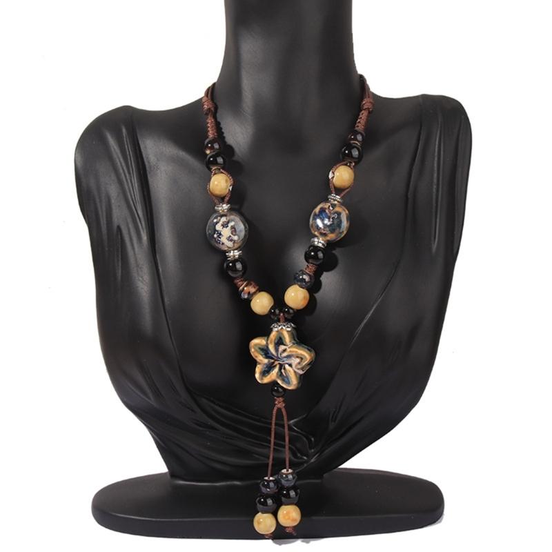 Bohemian Flower Colorful Ceramic Bead Necklace Tricolor-Beaded Jewelry Flower Tassel Choker Chain Jewelry Gift for Women