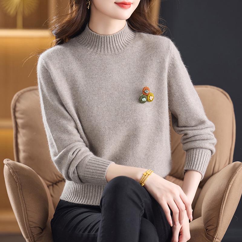 New Pure Wool Sweater for Middle-Aged & Elderly Women - Stylish, Warm, Half-High Collar, Thickened for Autumn/Winter