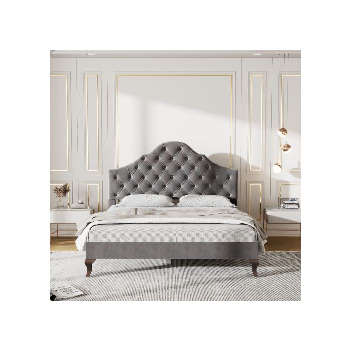 Lit rembourré - MUVOE - 140x200 cm - Tête de lit réglable - Velours gris - 2 places