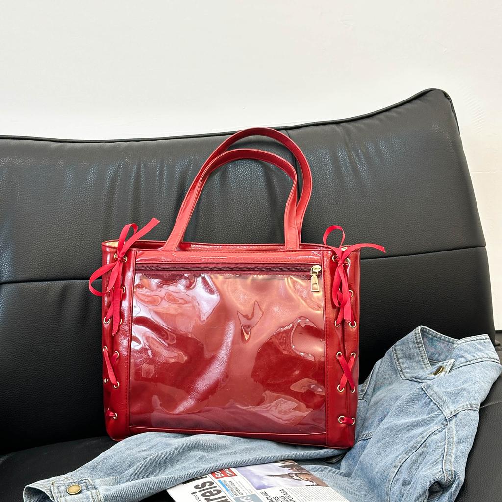 This Year's Popular Ribbon Bow 2025 Cute Large-capacity Splicing Transparent Fashion Shoulder Portable Tote Bag