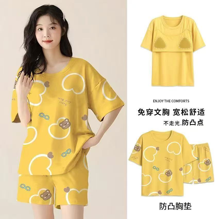 Pajamas with chest pads women's summer 1011 new women's short-sleeved thin loungewear summer