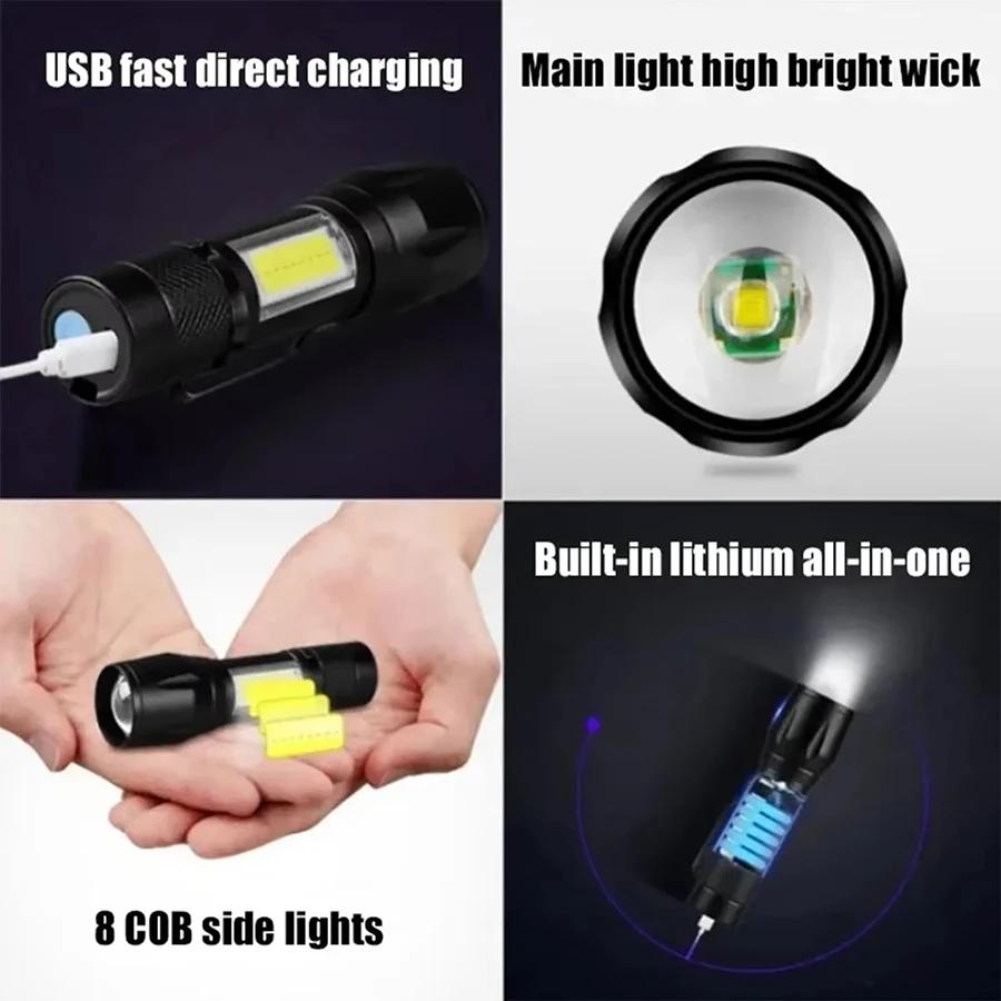 EDC Flashlight Rechargeable T6 LED Zoomable Cob Tactical Torch IPX4 Waterproof Handheld Light,Outdoor Camping Hiking Emergency