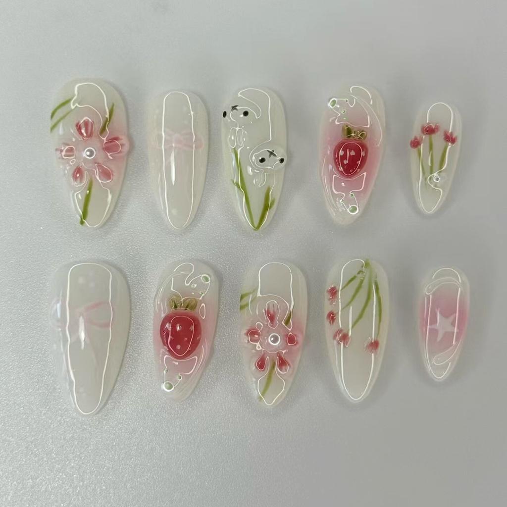 Three-dimensional icy flower cute rabbit sweet girl manicure tablets 24 pieces
