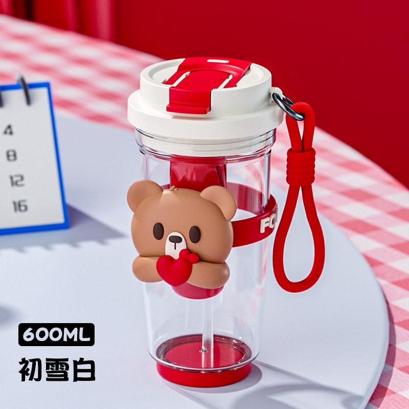 Water bottle hug bear straw cup student high value afternoon tea coffee cup double drink straw cup portable accompanying plastic cup