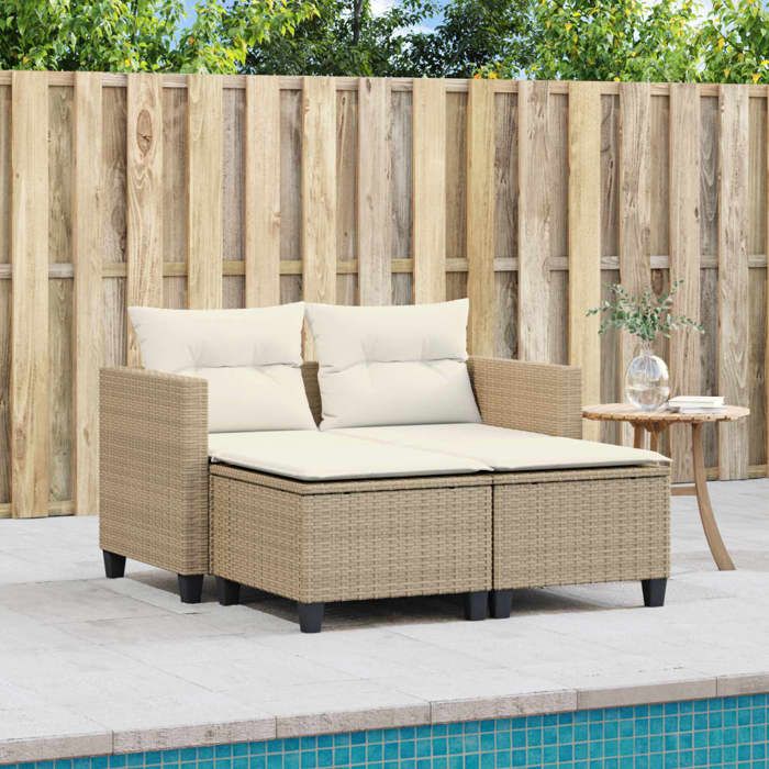VidaXL Canapé de Jardin 2 Places avec Tabourets, Siège de Patio, Meuble de Terrasse Balco Arrière-cour Extérieur, Beige 365794