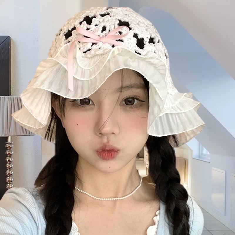 Summer Spring Crochet Bucket Hat Woman Commutes Camping Taking Photo Fisherman Hat with Pleated Trim for Girlfriend