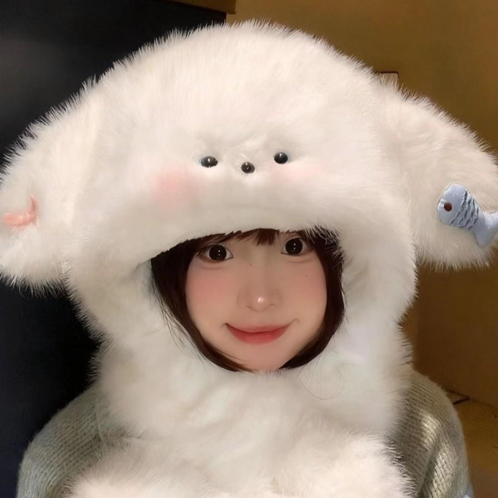 Korean Style Dog Hooded Scarf Cute Plush Pullover Hats Fashion Ear Protection Hat  Hiking