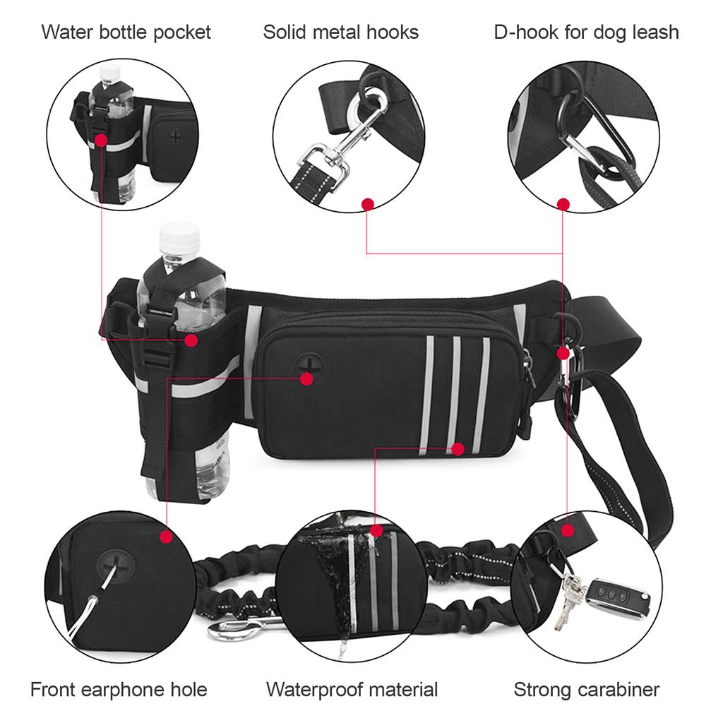 Hands Free Dog Leash Waist Bag Reflective Waist Pouch with Retractable Bungees Poop Bag Dispenser