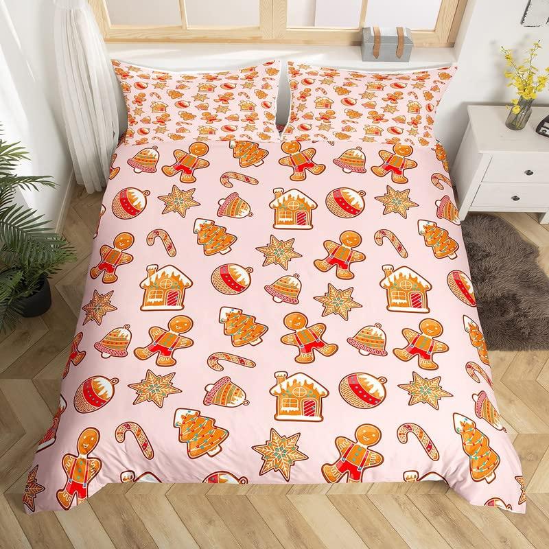 Gingerbread Man Xmas Theme Duvet Cover Christmas Comforter Cover Cartoon Snowman Christmas Tree Bedding Set Pink Quilt Cover