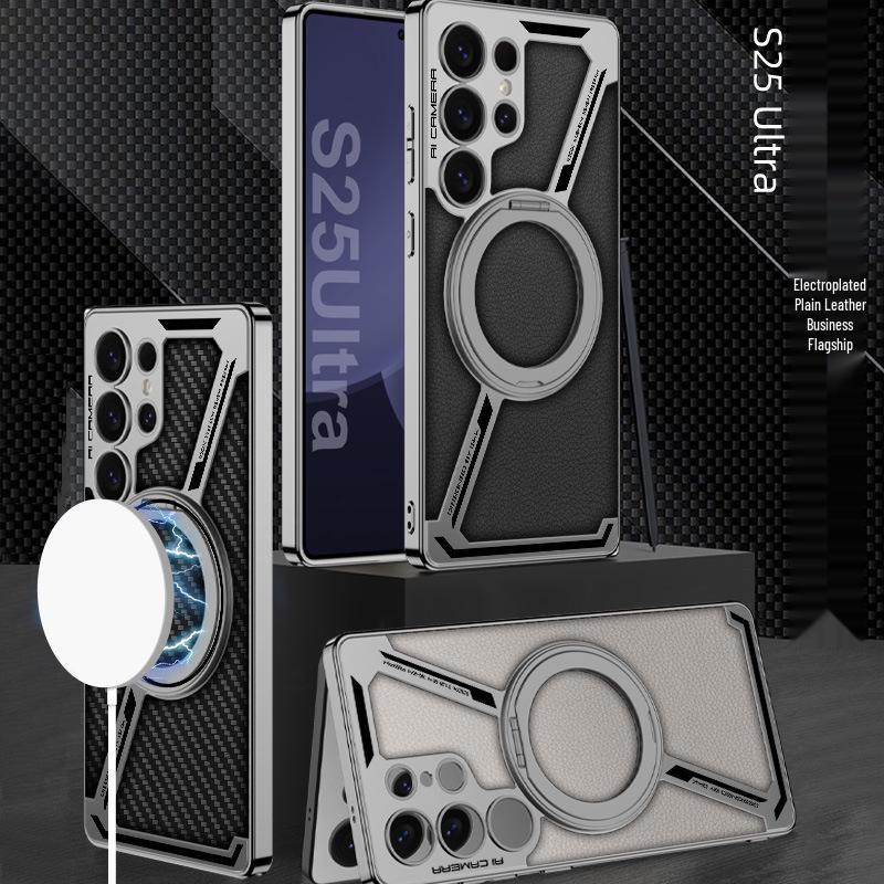 Samsung S25 Ultra Protective Case with Magnetic Rotating Stand – Anti-fall, Electroplated Leather Cover